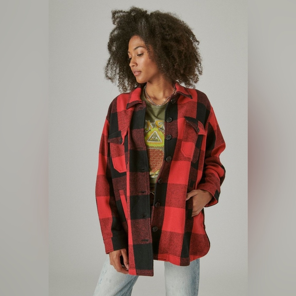 Lucky Brand Red/Black Plaid Shacket Medium - Picture 1 of 7